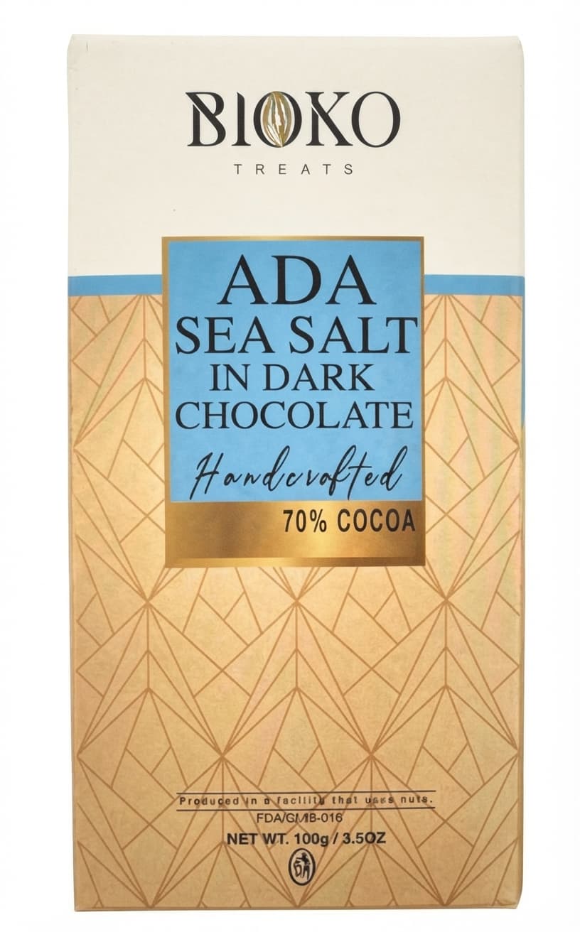 Ada Sea Salt 70% 70% dark bar packaging by Bioko Treats