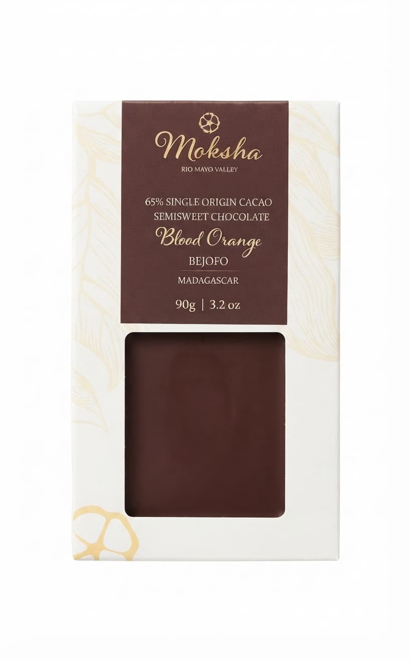 Blood Orange 65% 65% dark bar packaging by Moksha Chocolate