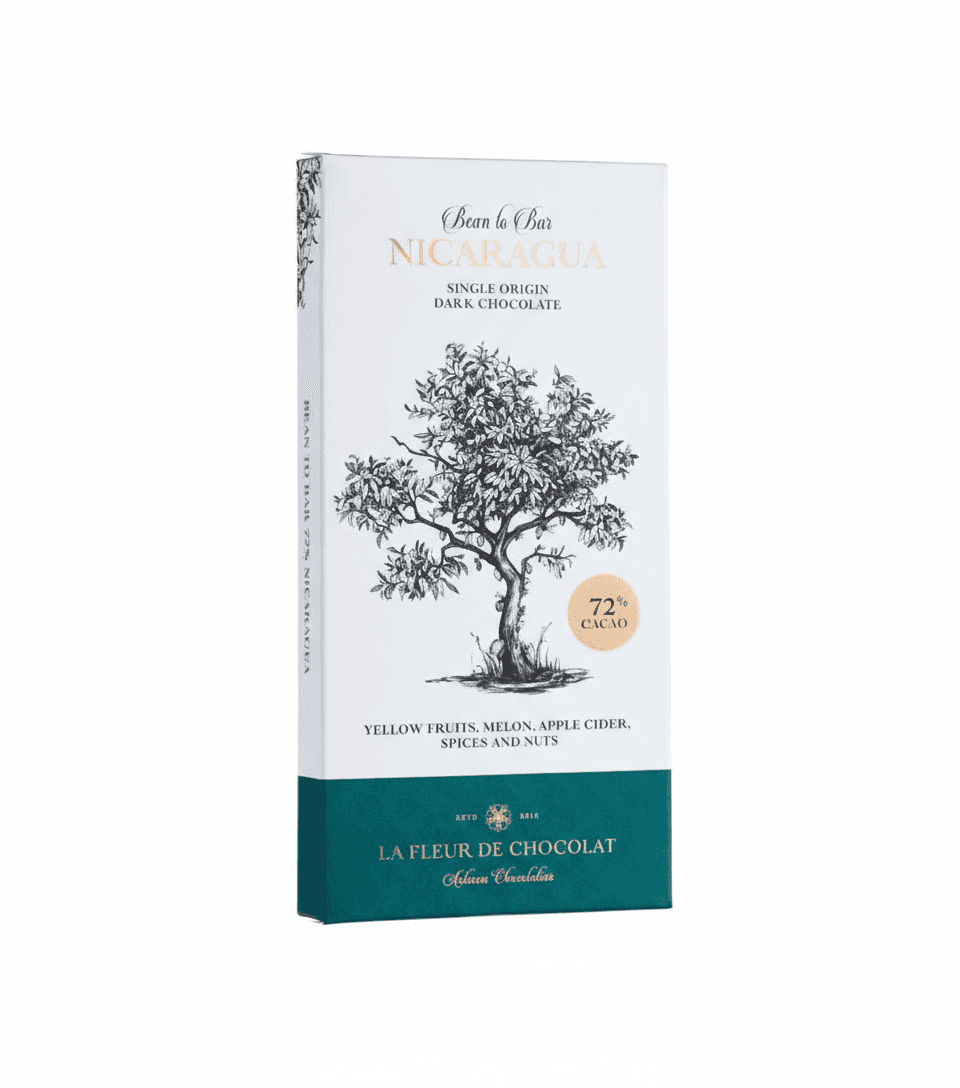 72% Nicaragua Bean to Bar Chocolate 72% dark bar packaging by La Fleur de Chocolat