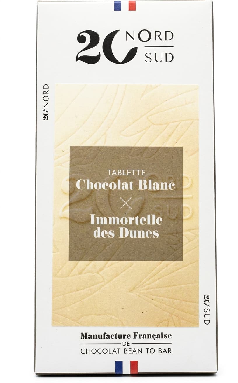 Chocolat Blanc Immortelle des Dunes null% white bar packaging by 20nord20sud