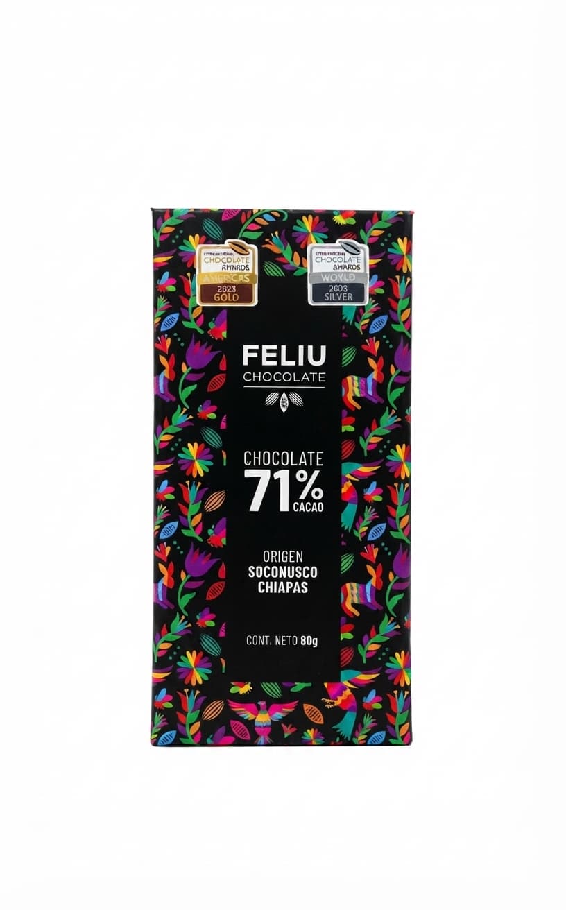 Soconusco 71% 71% dark bar packaging by Feliu Chocolate
