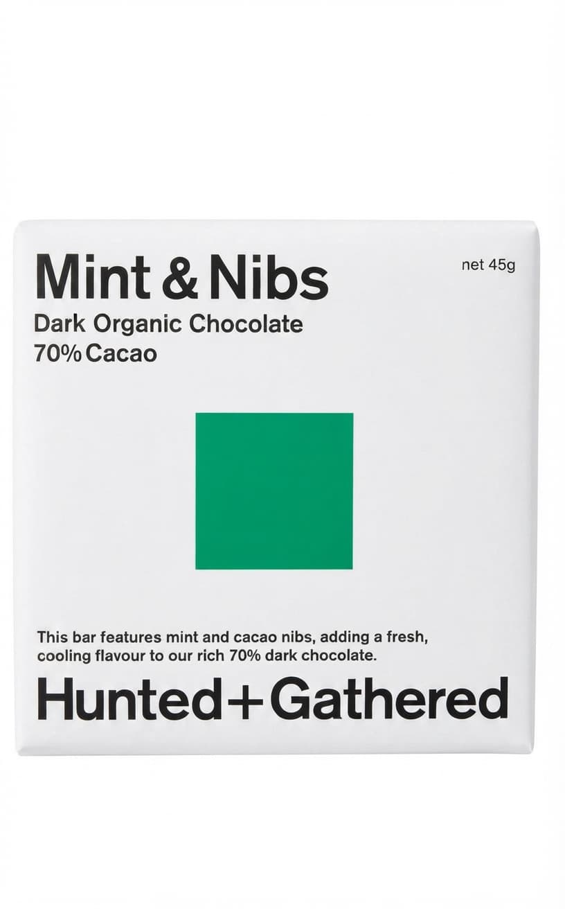 Mint & Nibs 70% 70% dark bar packaging by Hunted + Gathered