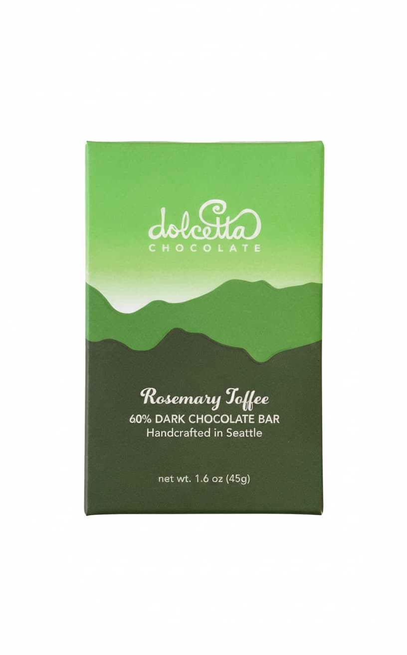 Rosemary Toffee 60% 60% dark bar packaging by Dolcetta Chocolate