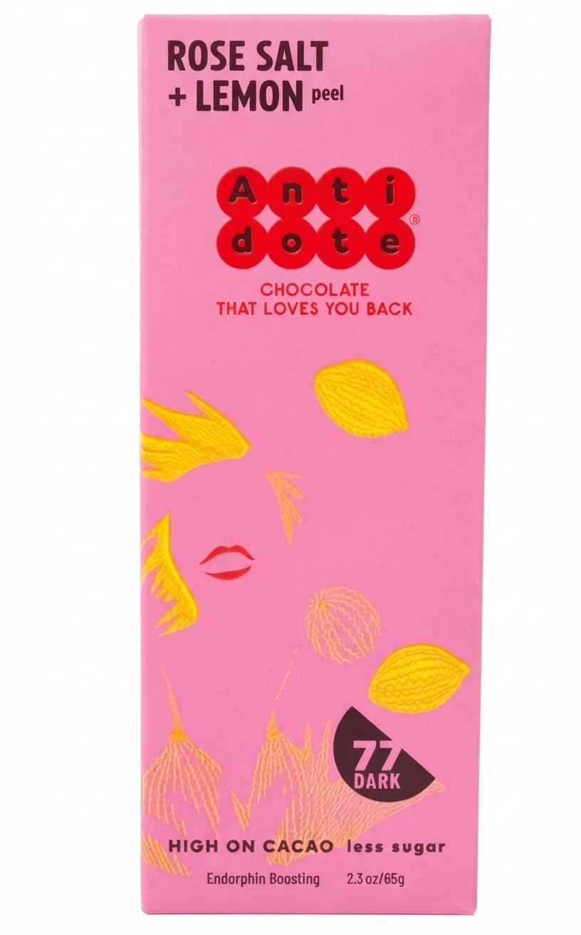 Rose Salt + Lemon Peel 77% 77% dark bar packaging by Antidote