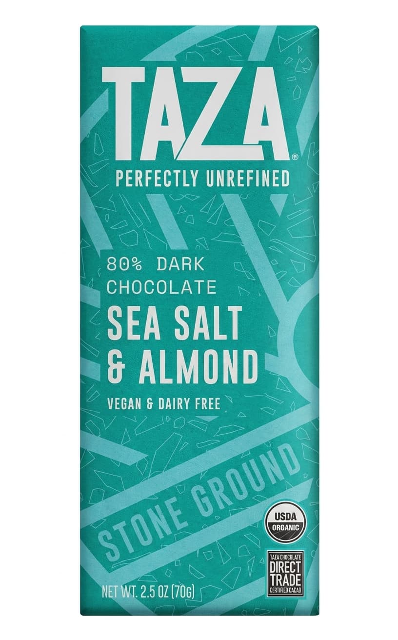 Sea Salt & Almond 80% 80% dark bar packaging by Taza