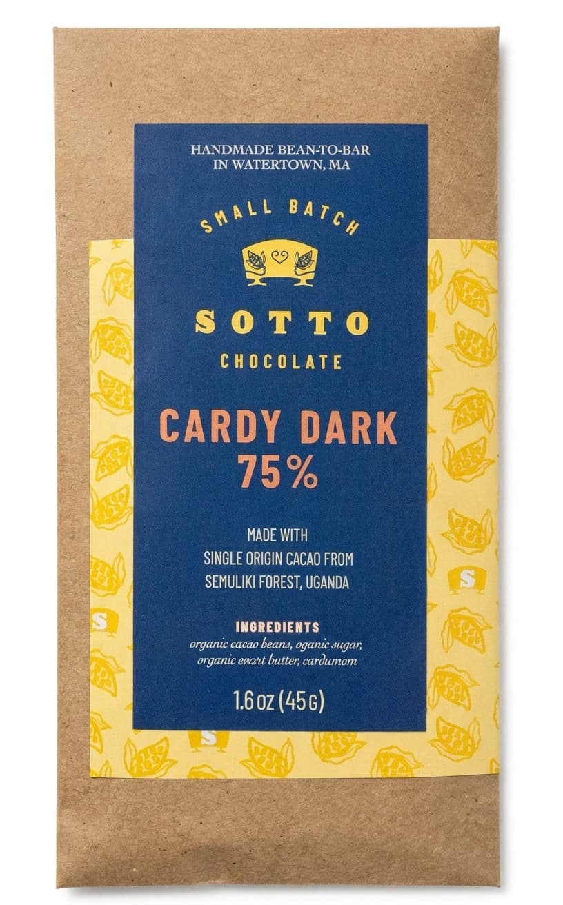 Cardy Dark 75% 75% dark bar packaging by Sotto Chocolate