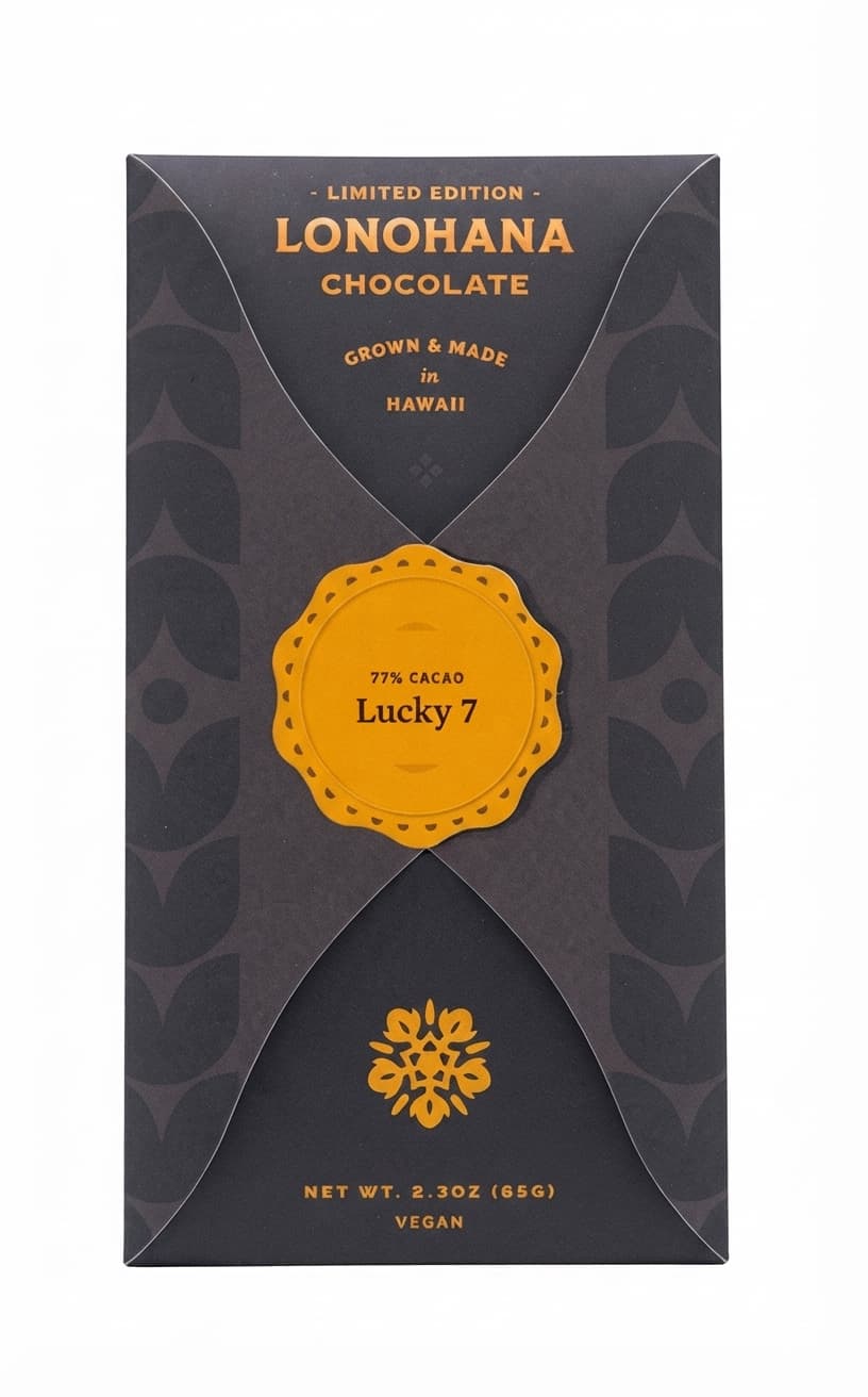 Lucky 7 77% 77% dark bar packaging by Lonohana Estate Chocolate