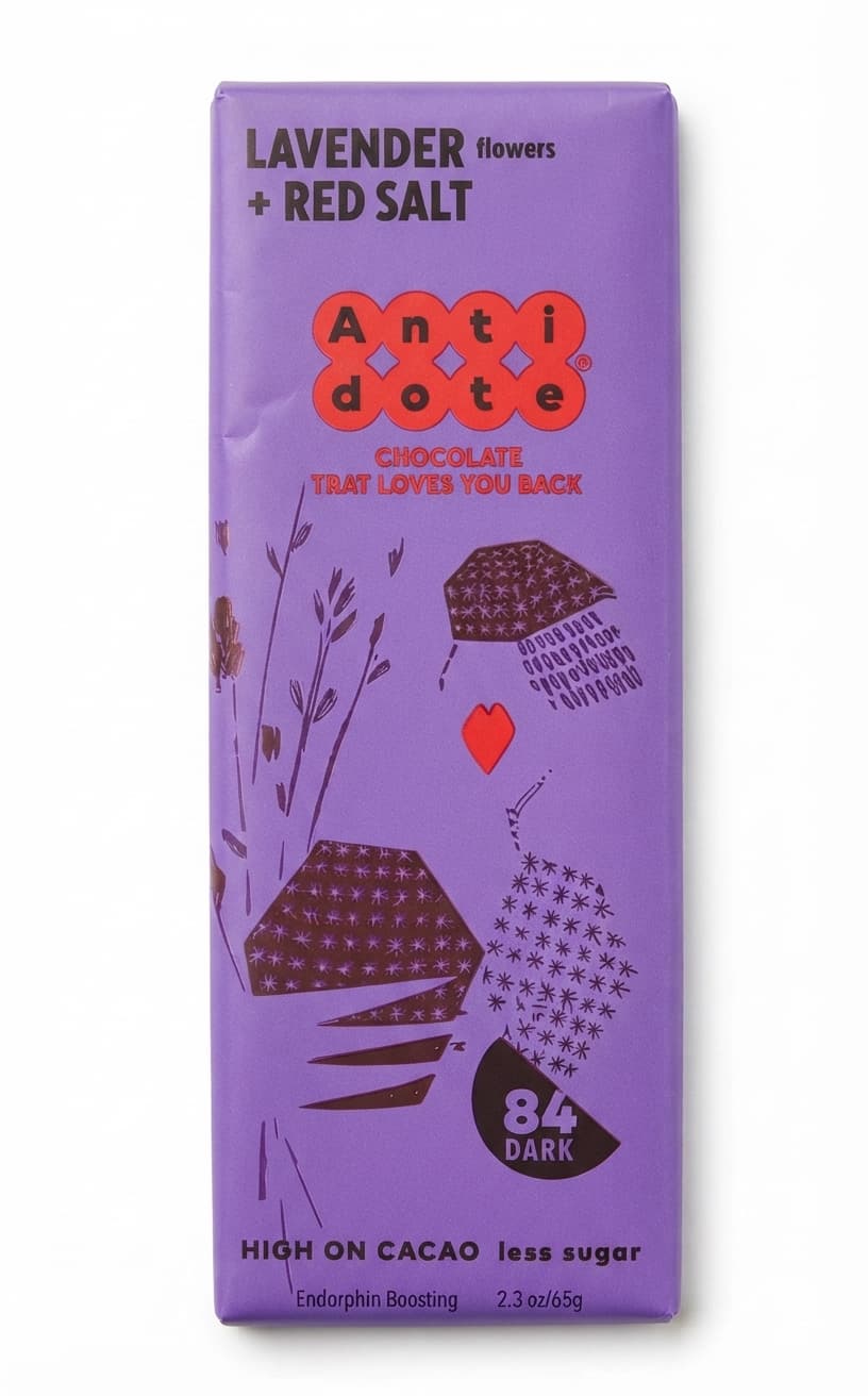 Lavender + Red Salt 84% dark bar packaging by Antidote