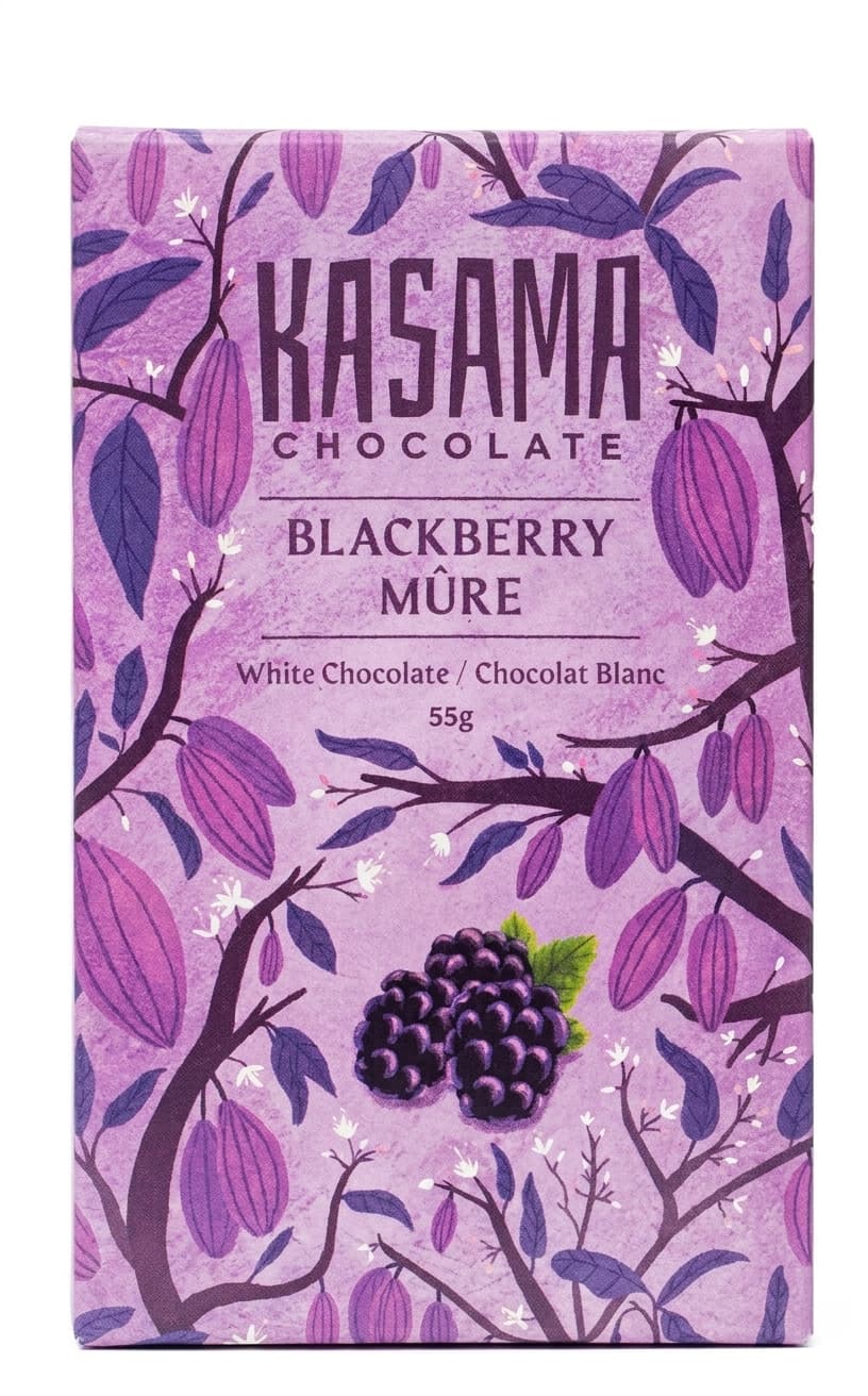 Blackberry null% white bar packaging by Kasama Chocolate