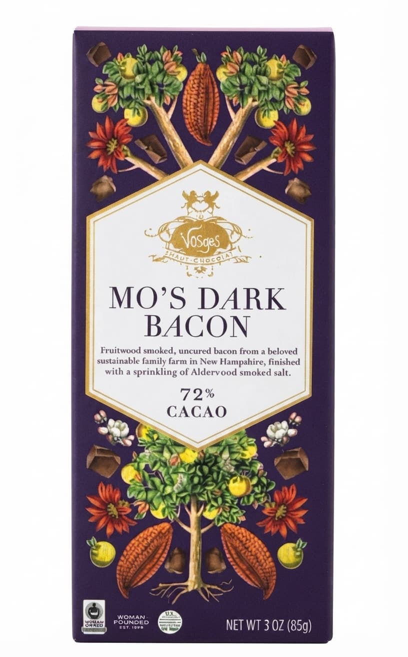 Mo's Dark Bacon 72% dark bar packaging by Vosges