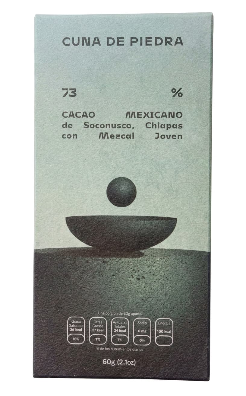 Mezcal Joven 73% 73% dark bar packaging by Cuna de Piedra