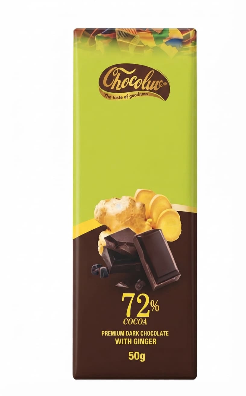 Ginger 72% 72% dark bar packaging by Chocoluv