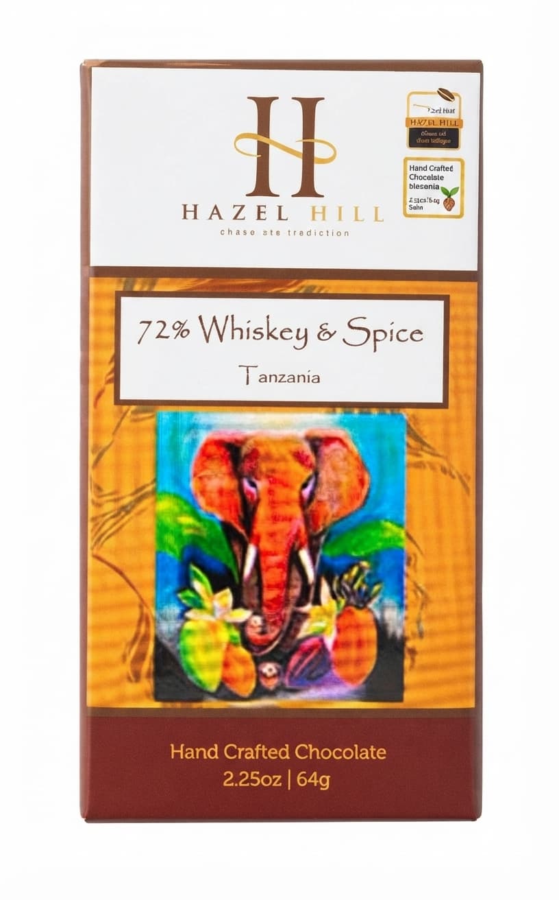 Whiskey & Spice 72% 72% dark bar packaging by Hazel Hill