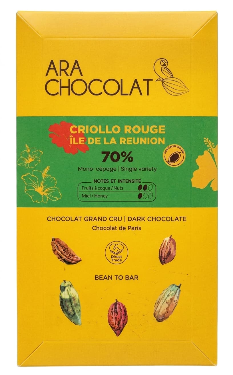 Criollo Rouge 70% dark bar packaging by Ara Chocolat
