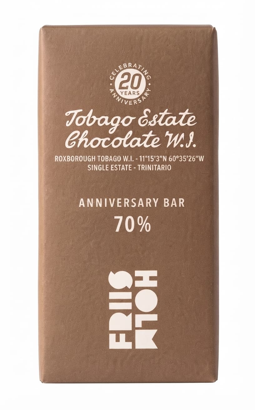 Anniversary Bar 70% Tobago Estate Chocolate 70% dark bar packaging by Friis Holm
