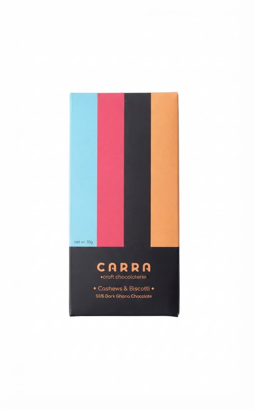 Cashews & Biscotti 55% 55% dark bar packaging by Carra