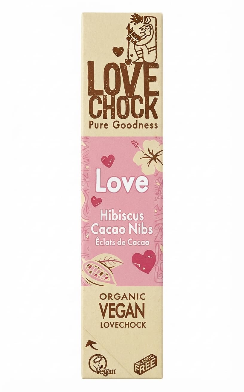 Hibiscus Cacao Nibs dark bar packaging by Lovechock