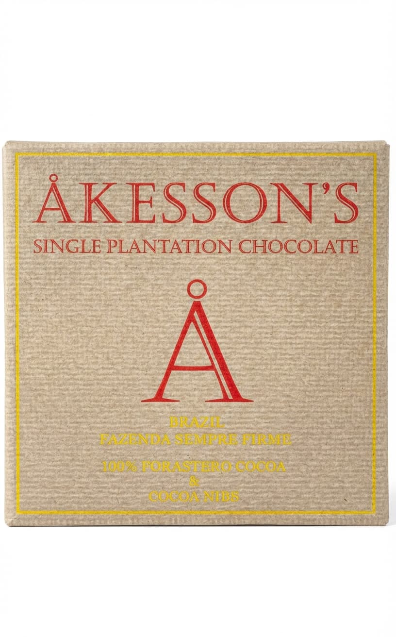 Fazenda Sempre Firme 100% Forastero Cocoa & Cocoa Nibs 100% dark bar packaging by Åkesson's