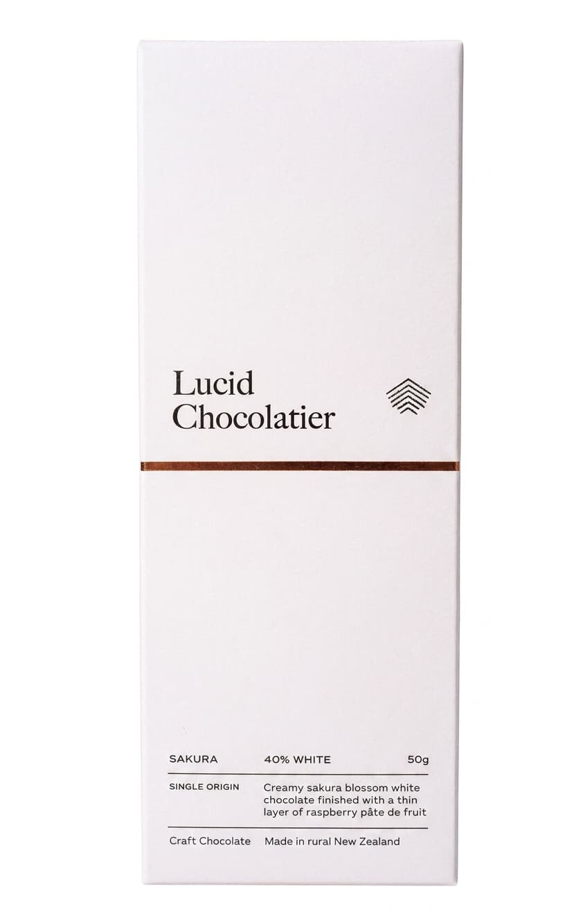 Sakura 40% White 40% white bar packaging by Lucid Chocolatier