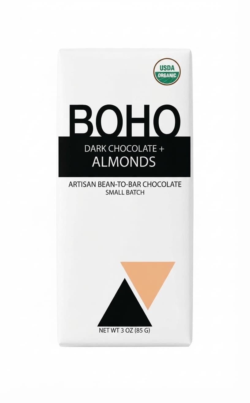 Dark Chocolate + Almonds 62% 62% dark bar packaging by BOHO Chocolate
