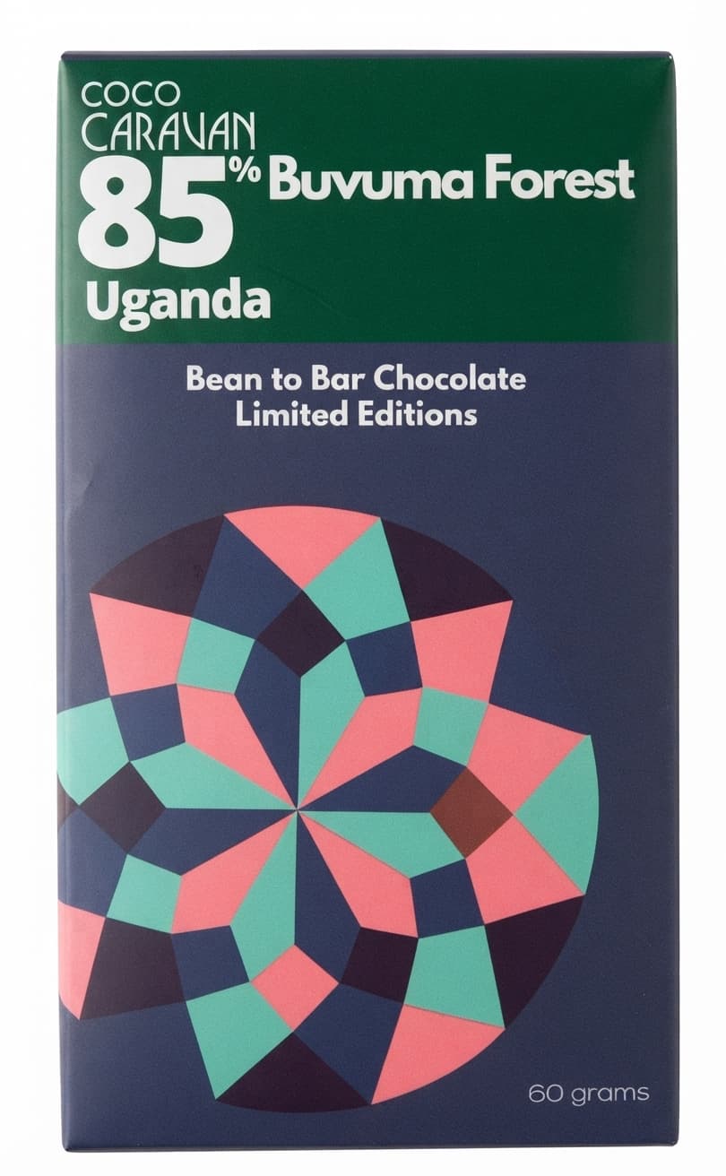Buvuma Forest 85% 85% dark bar packaging by Coco Caravan
