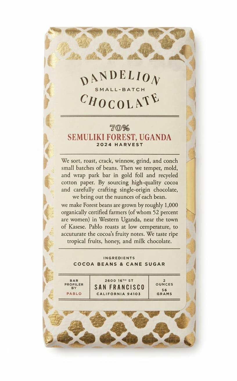 Semuliki Forest 70% chocolate bar packaging by Dandelion Chocolate