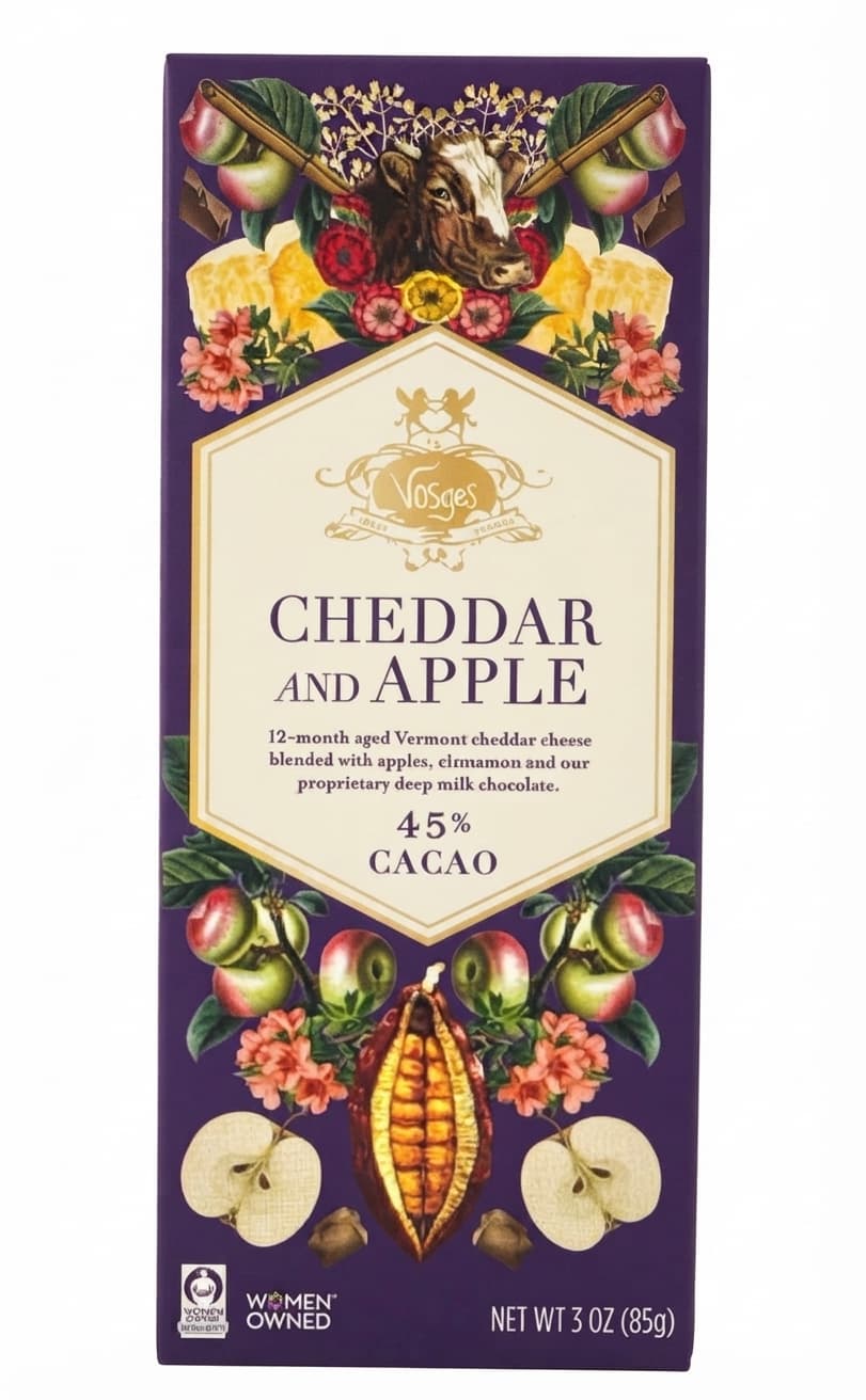 Cheddar and Apple 45% milk bar packaging by Vosges