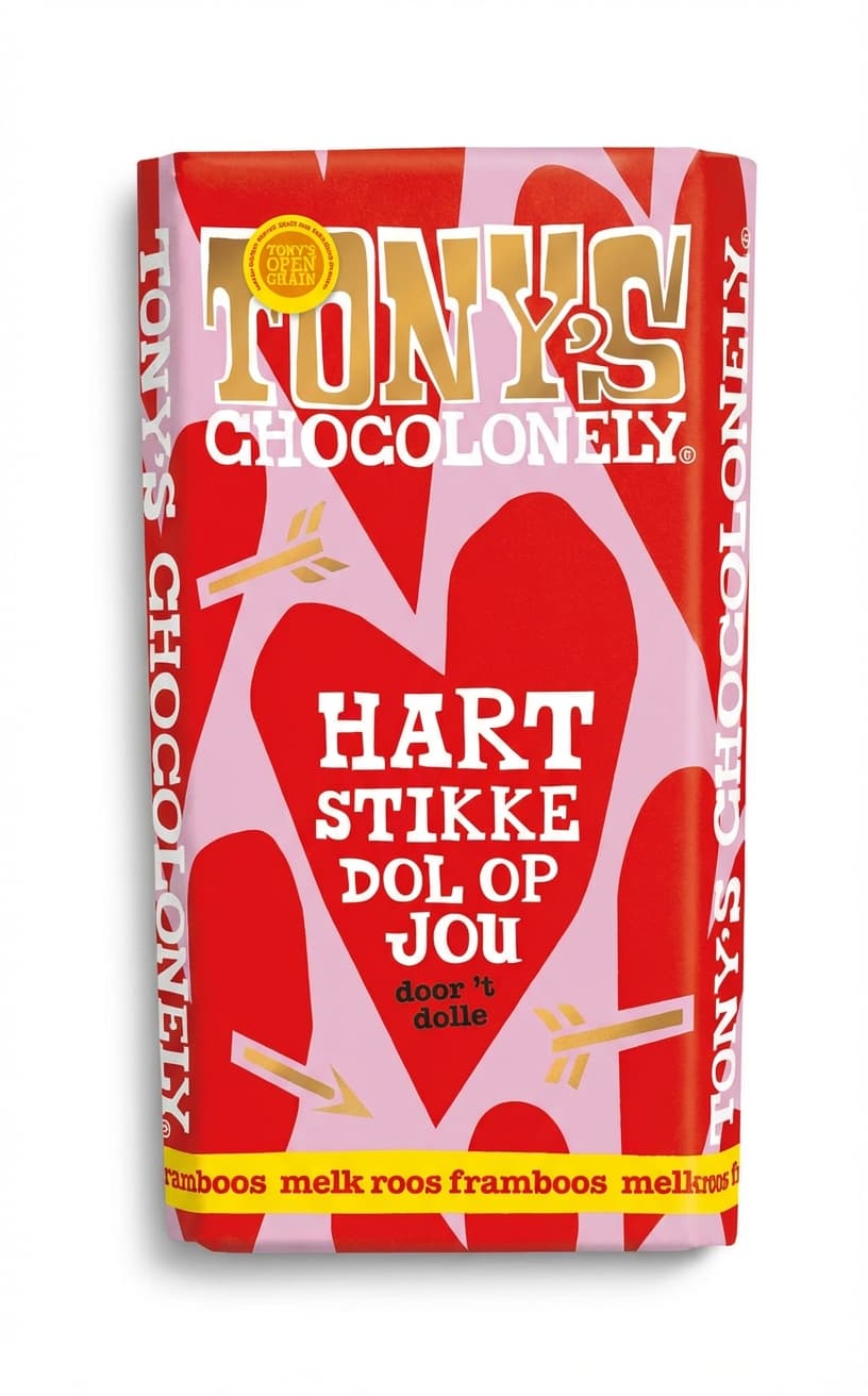 Hartstikke Dol Op Jou 32% milk bar packaging by Tony's Chocolonely