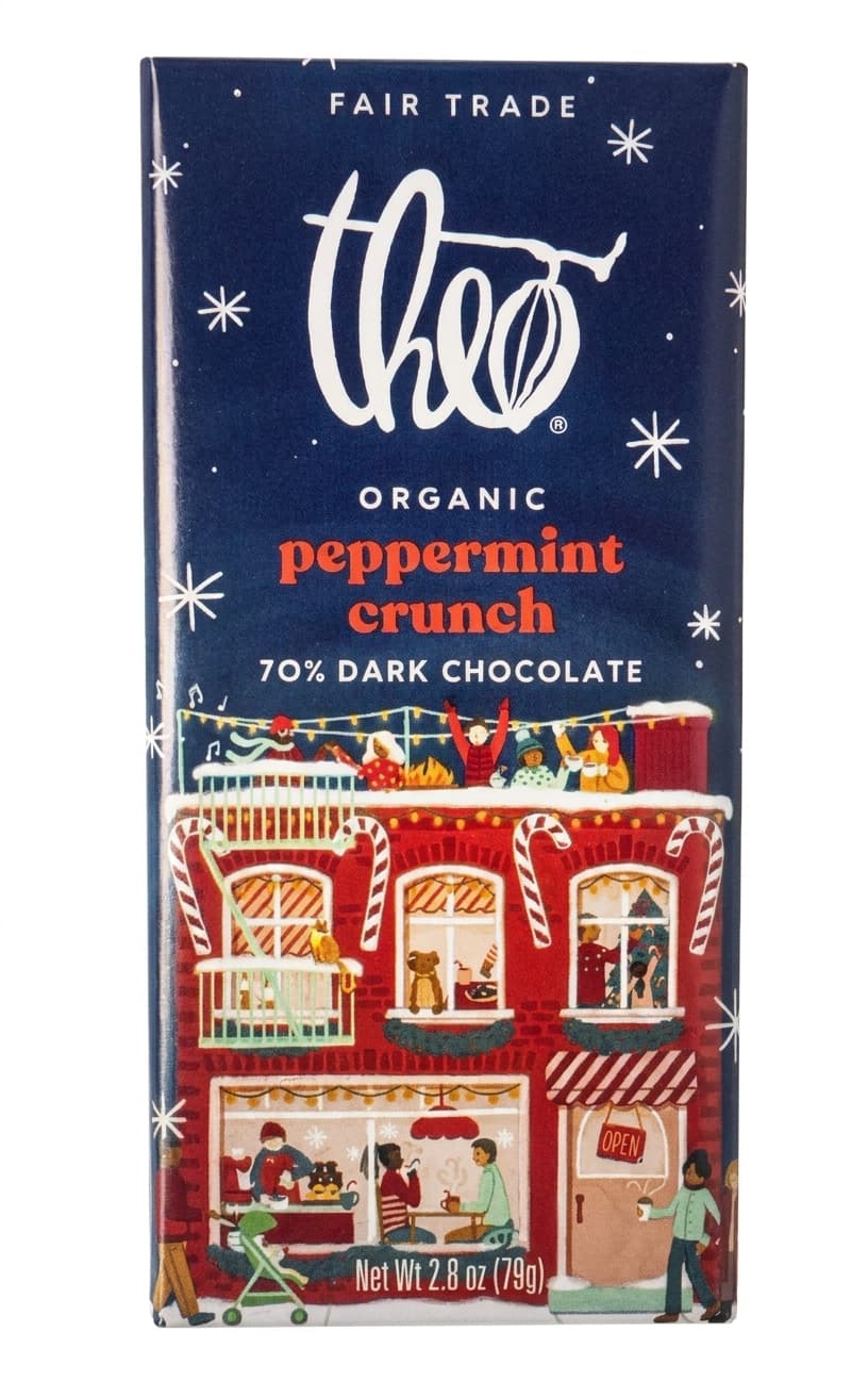 Peppermint Crunch 70% dark bar packaging by Theo