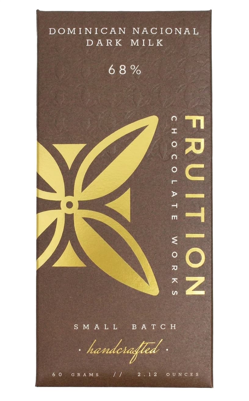 Dominican Nacional Dark Milk 68% 68% milk bar packaging by Fruition Chocolate Works