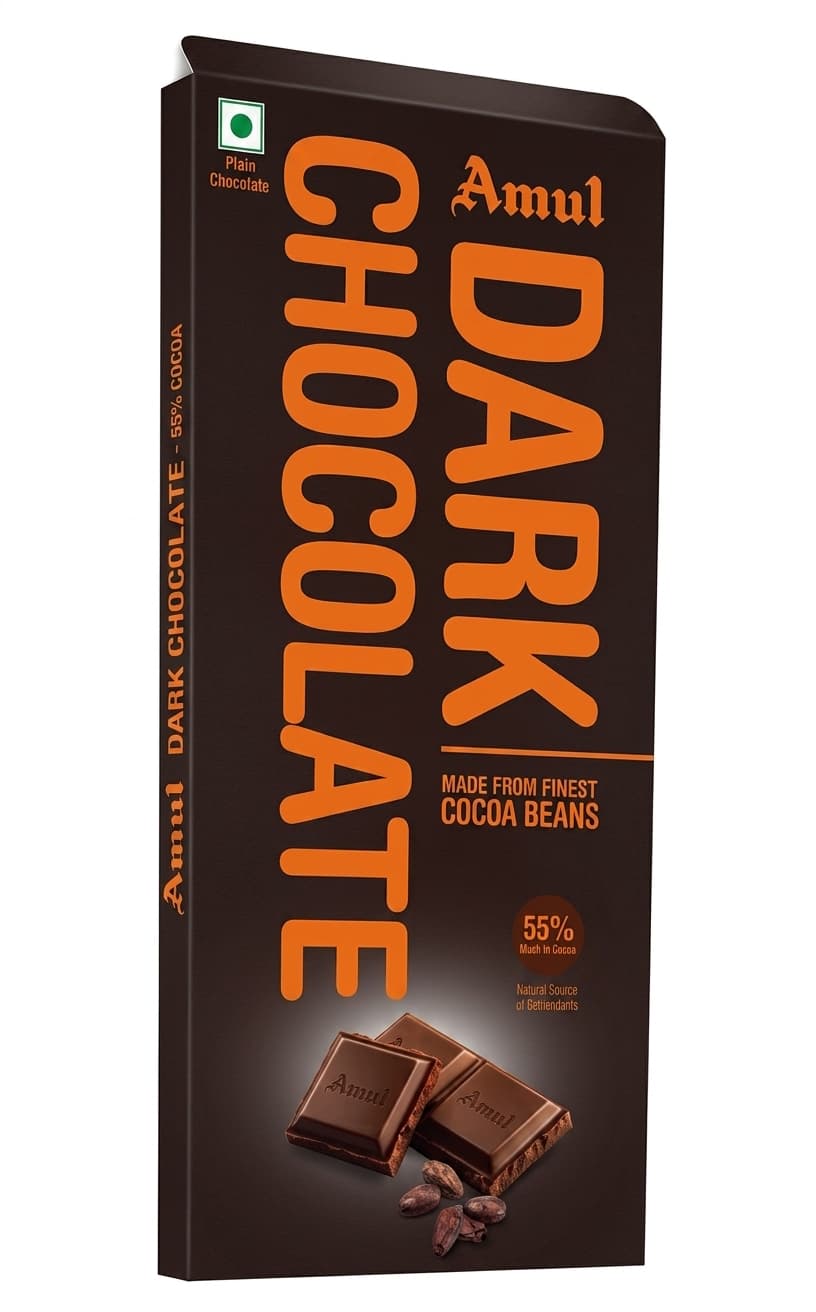 Dark Chocolate 55% 55% dark bar packaging by Amul