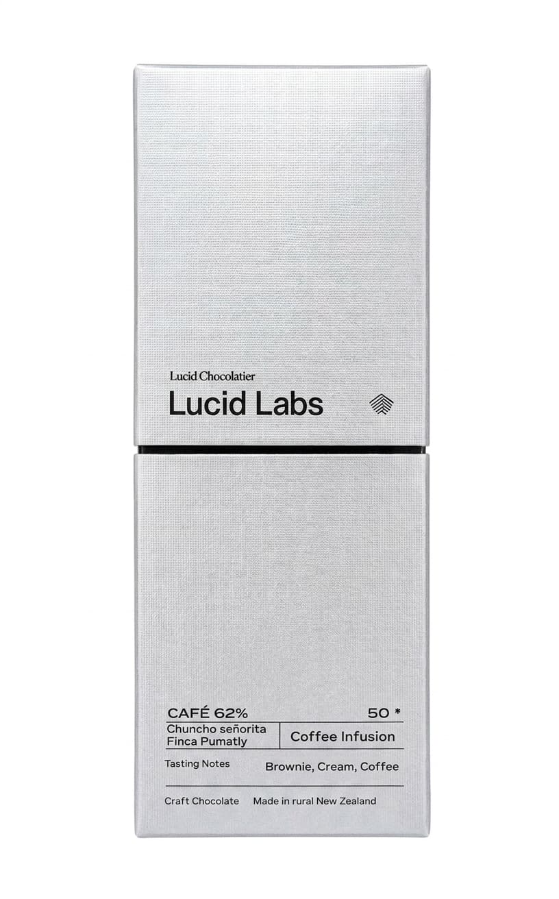 Lucid Labs CAFÉ 62% Coffee Infusion 62% dark bar packaging by Lucid Chocolatier