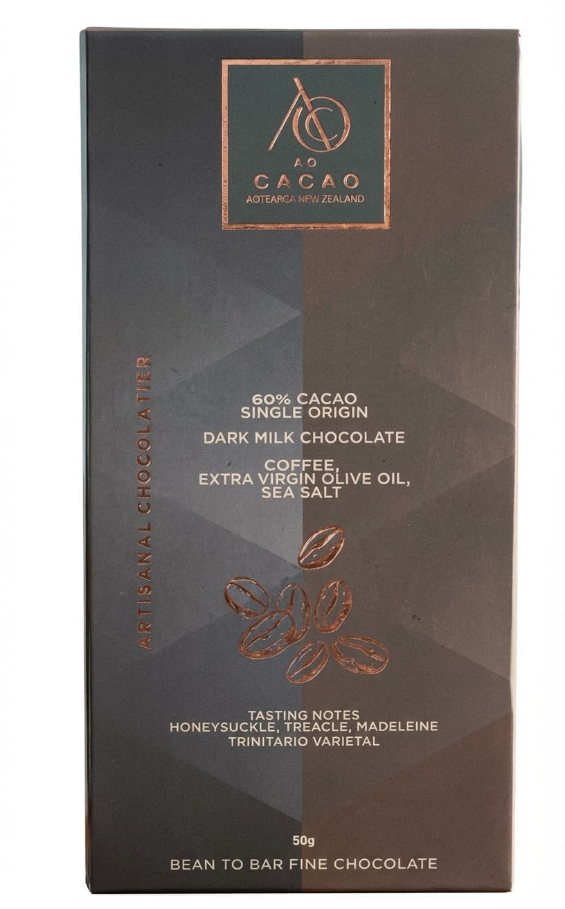 60% Cacao Coffee, Extra Virgin Olive Oil, Sea Salt 60% milk bar packaging by AO Cacao