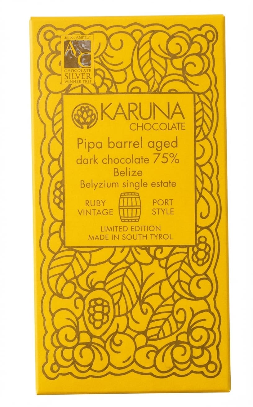 Pipa barrel aged 75% 75% dark bar packaging by Karuna