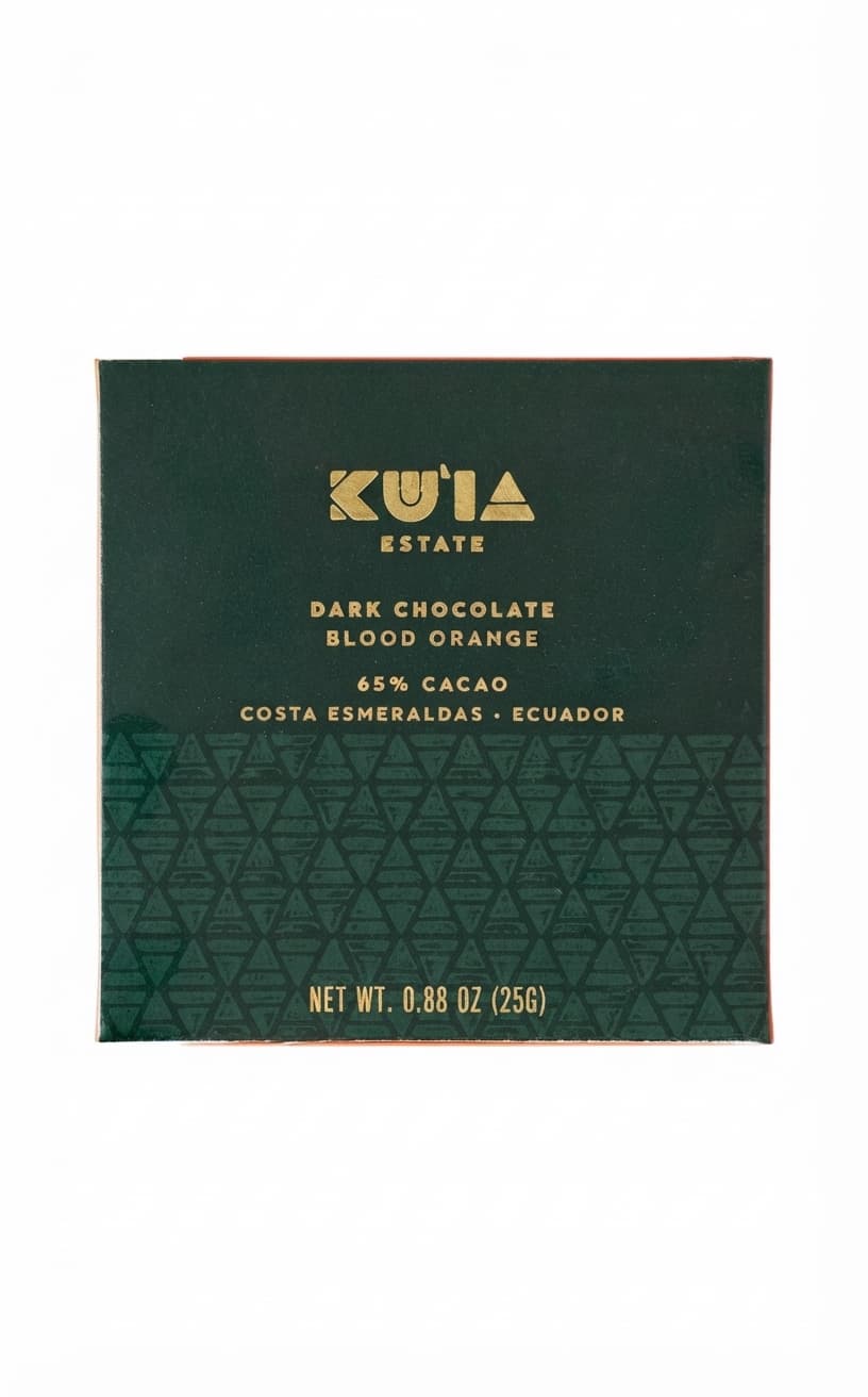 Blood Orange 65% 65% dark bar packaging by Maui Ku'ia Estate Chocolate