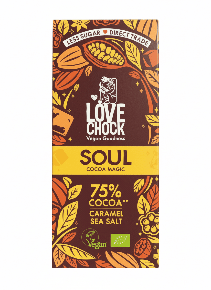 Soul Caramel Sea Salt 75% dark bar packaging by Lovechock