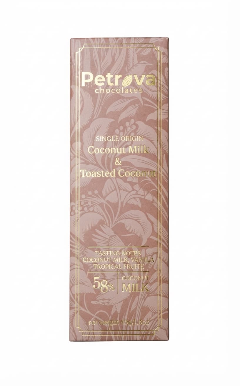 Coconut Milk & Toasted Coconut 58% 58% milk bar packaging by Petrova Chocolates
