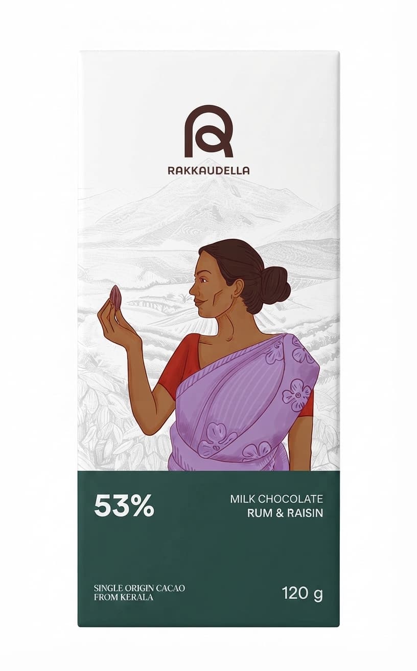 Rum & Raisin 53% 53% dark bar packaging by Rakkaudella