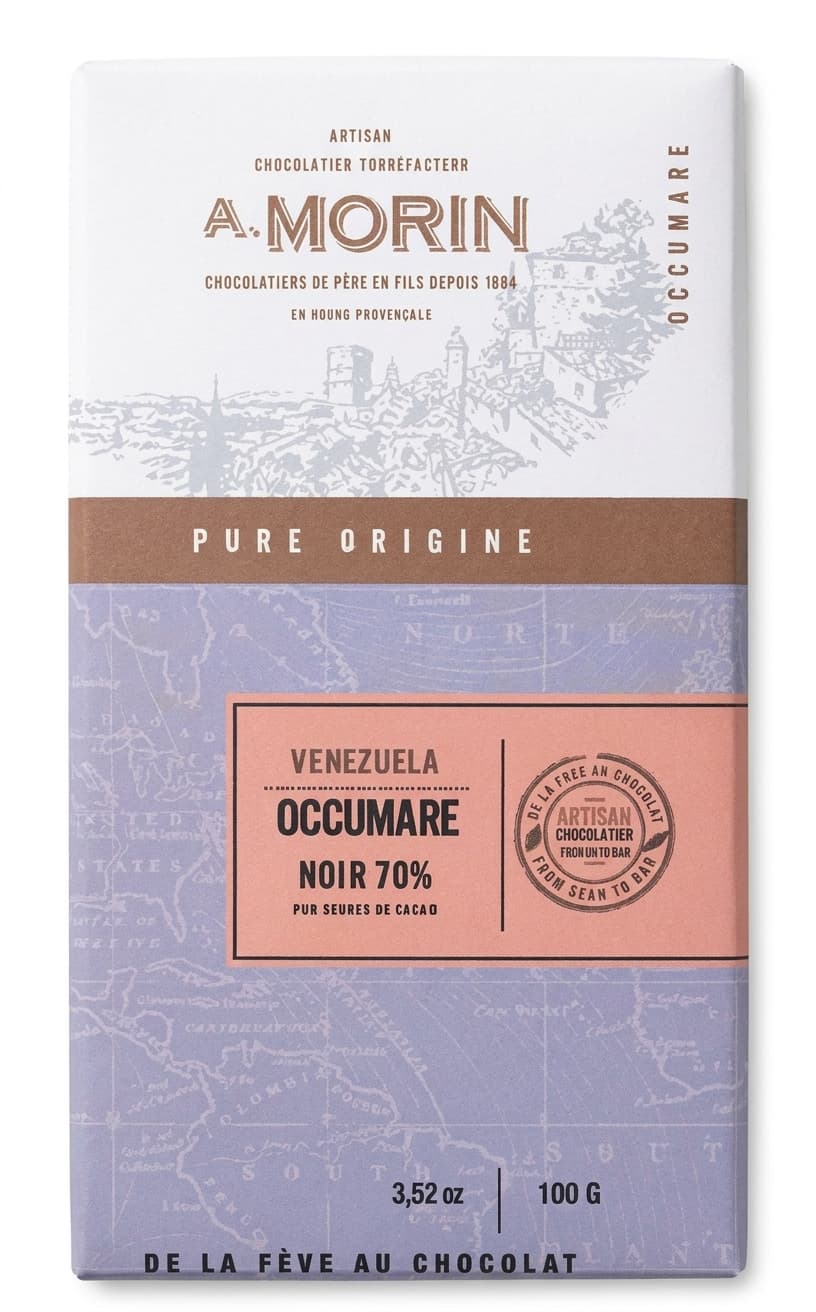 Occumare 70% 70% dark bar packaging by Chocolaterie Morin