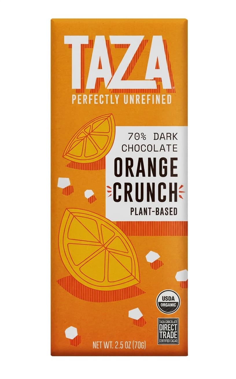 Orange Crunch 70% 70% dark bar packaging by Taza
