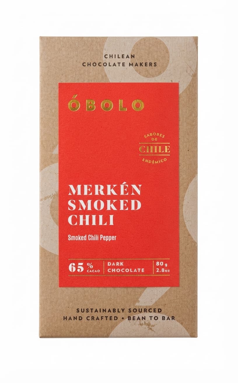 Merkén Smoked Chili 65% 65% dark bar packaging by ÓBOLO