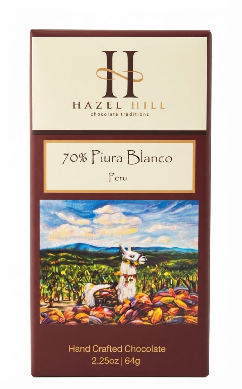 Piura Blanco 70% 70% dark bar packaging by Hazel Hill