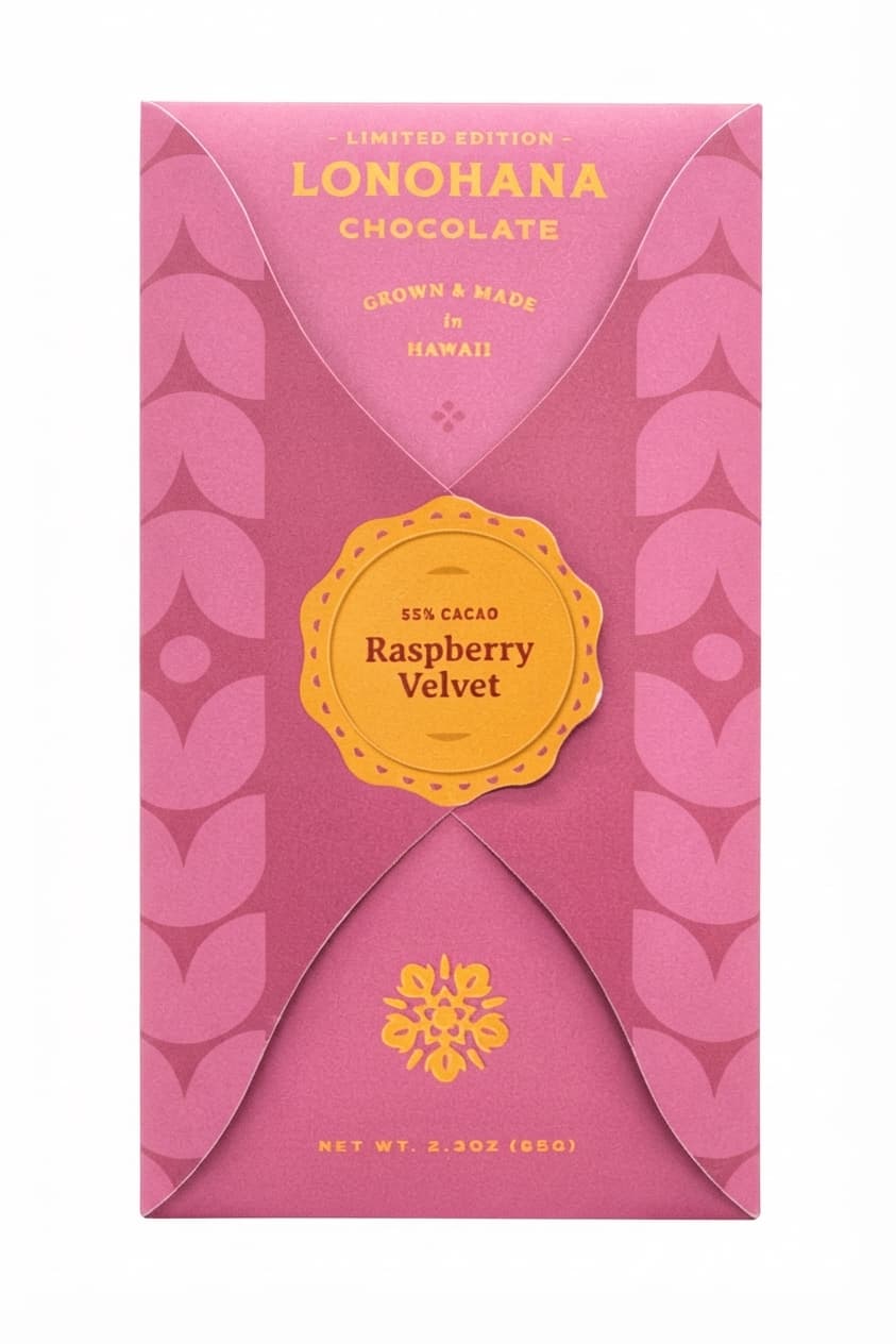 Raspberry Velvet 55% 55% milk bar packaging by Lonohana Estate Chocolate