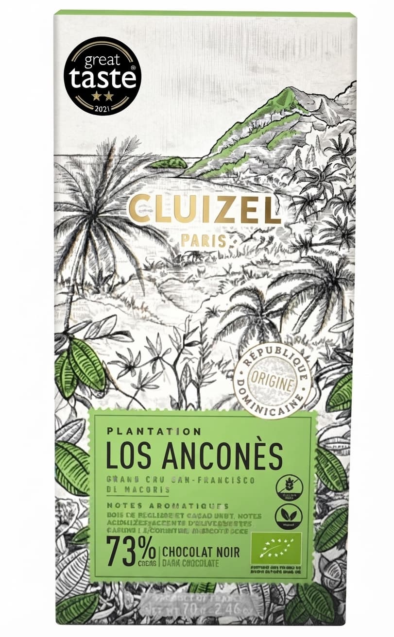 Los Anconès 73% 73% dark bar packaging by Cluizel