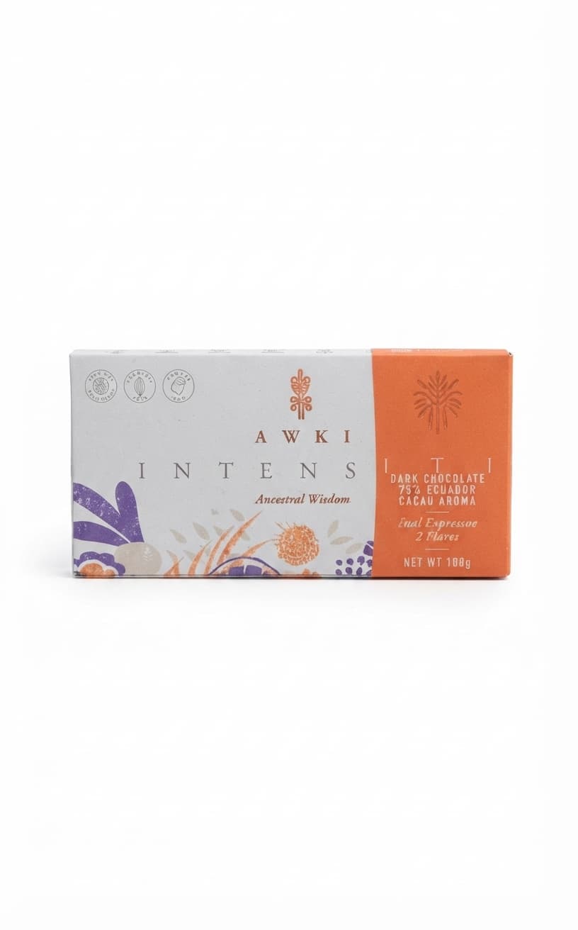 Intensity Chocolate Bar 50g 75% dark bar packaging by AWKI