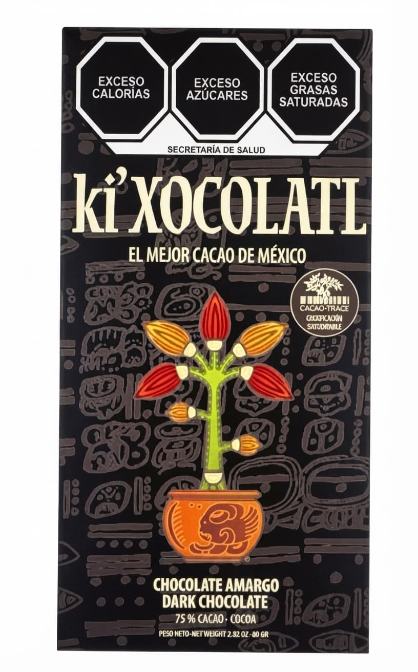 Dark 75% 75% dark bar packaging by Ki'Xocolatl
