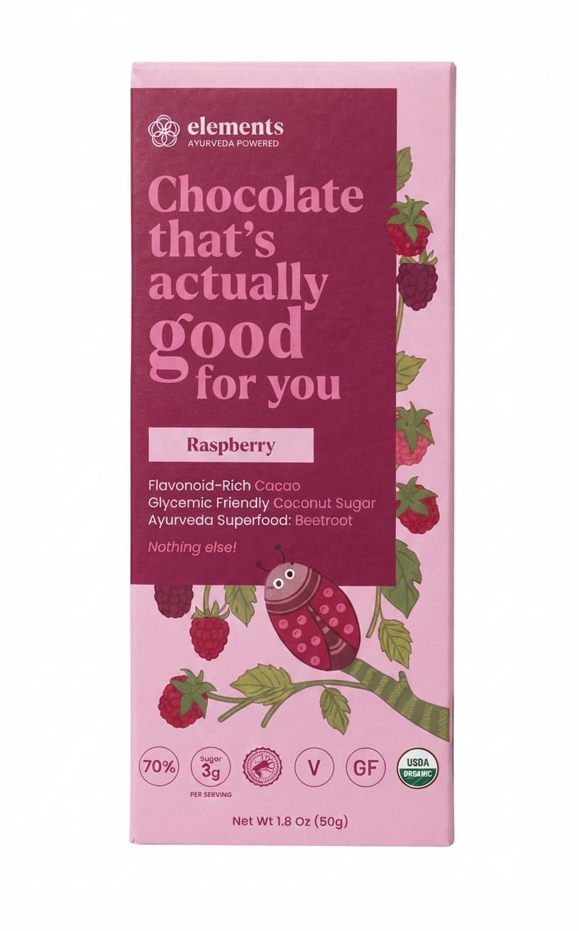 Raspberry 70% 70% dark bar packaging by Elements Truffles