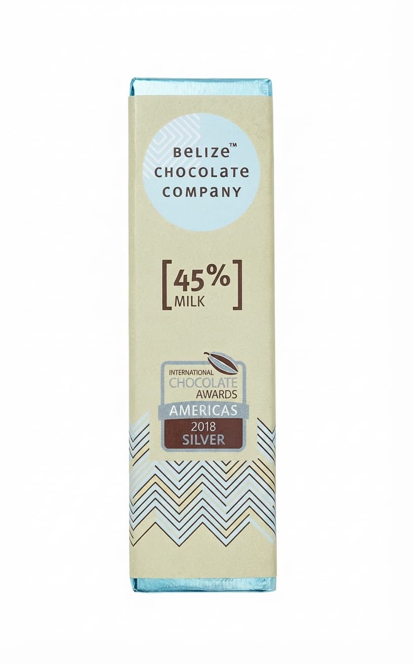 Milk 45% 45% milk bar packaging by Belize Chocolate Company