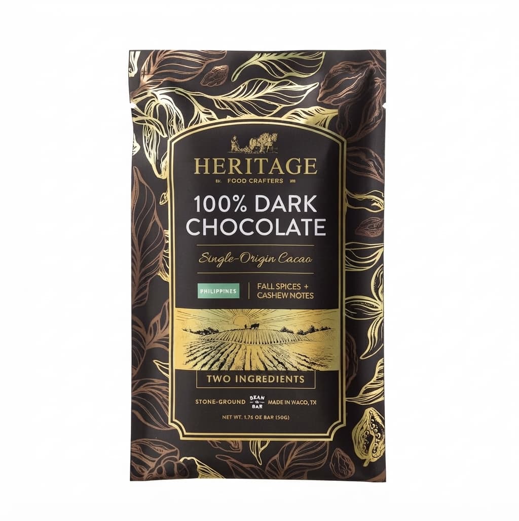 Philippines 100% 100% dark bar packaging by Heritage Food Crafters