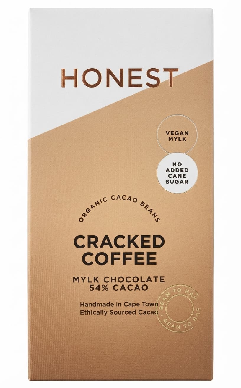 Cracked Coffee 54% 54% milk bar packaging by Honest Chocolate